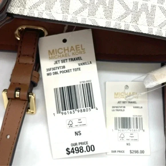Michael Kors Medium Double Packet Tote Bag & Trifold Wallet Vanilla/Brown